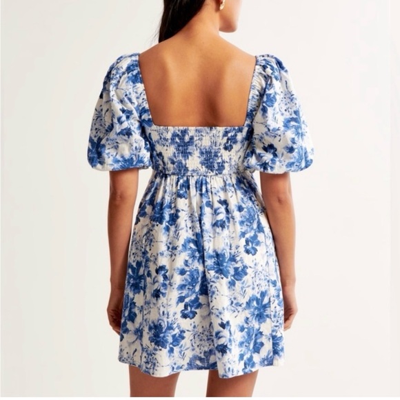 Abercrombie & Fitch Emerson Blue White Floral Puff Sleeve Mini Dress Babydoll S - Picture 5 of 14